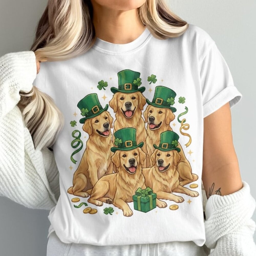 St Patricks Day Dogs Apparel Tee, Lucky Golden Retriever Tee